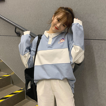 Sweater Girl Spring and Autumn 2021 New Junior High School High School Students Loose Korean Academy Style polo Collar Splice Top