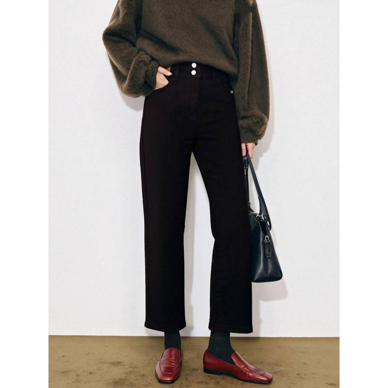 Black Cropped Jeans for Women, Spring and Summer, High-Waisted, Slimming, Thickened, Straight-Leg Cigarette Pants