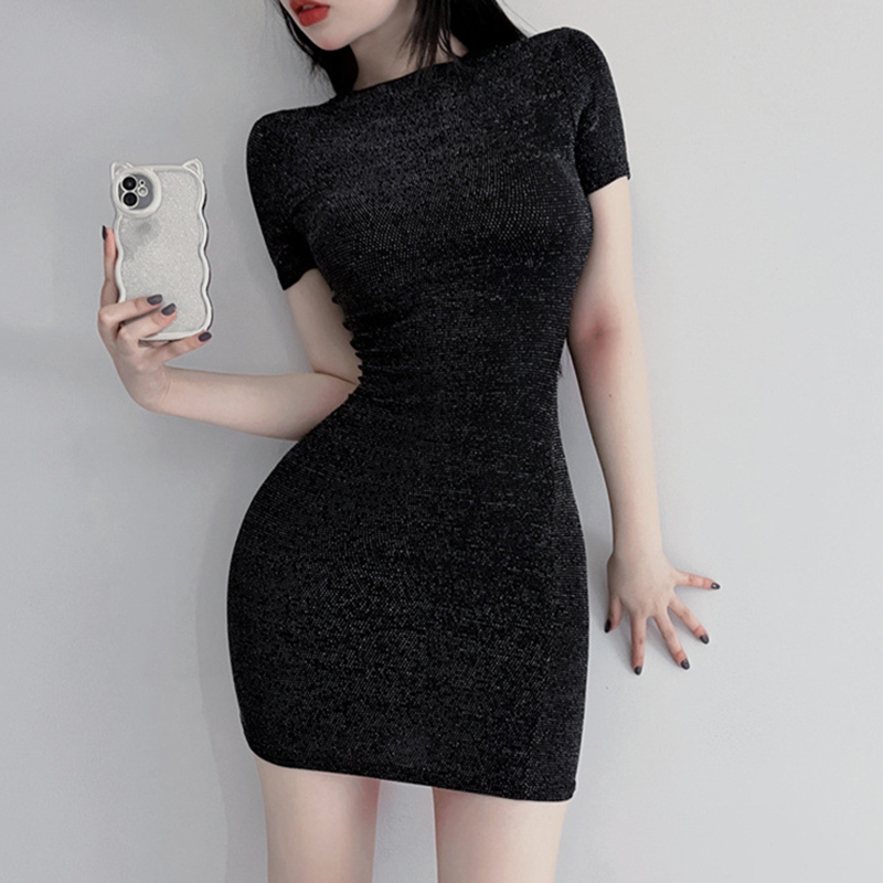 Summer Stretchy Tight-Fitting Sexy Hip-Hugging Skirt Short-Sleeved Dress Shiny Silk Slim-Fit See-Through Mid-Length Pencil Skirt
