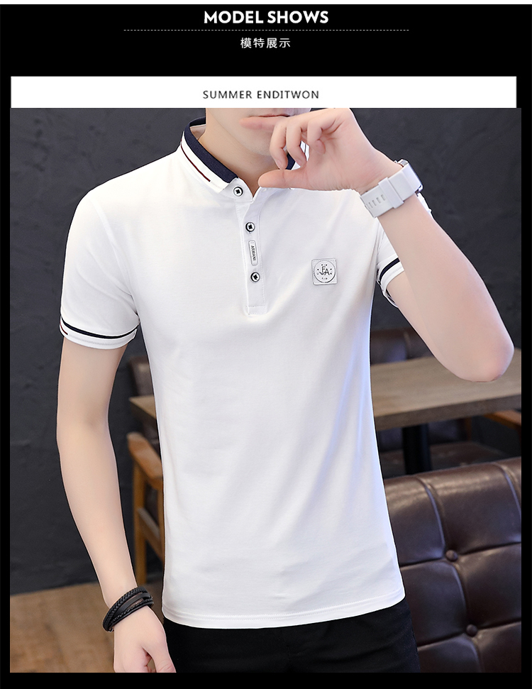 Áo thun nam tay ngắn mùa hè xu hướng cổ áo Hàn Quốc cổ áo sơ mi polo nửa tay 2018 có quần lửng nam áo polo trắng
