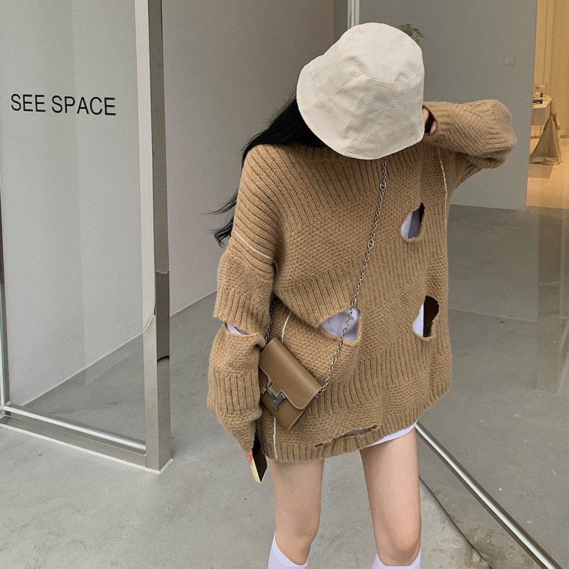 Long version of personality Fried Street small crowdbreaking Cave sweater women 2021 Fall new retro chic loose Lazy Wind blouses