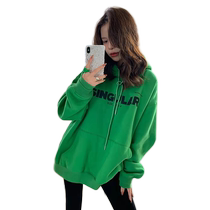 Green hooded sweatshirt for women with velvet and thickening 2021 new winter style Korean style lazy style printed letter loose top