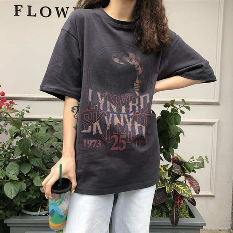 Fashion minimalist Korean version printed loose T-shirt Female summer original Cebu students mid-length version 100 hitch short sleeve blouses