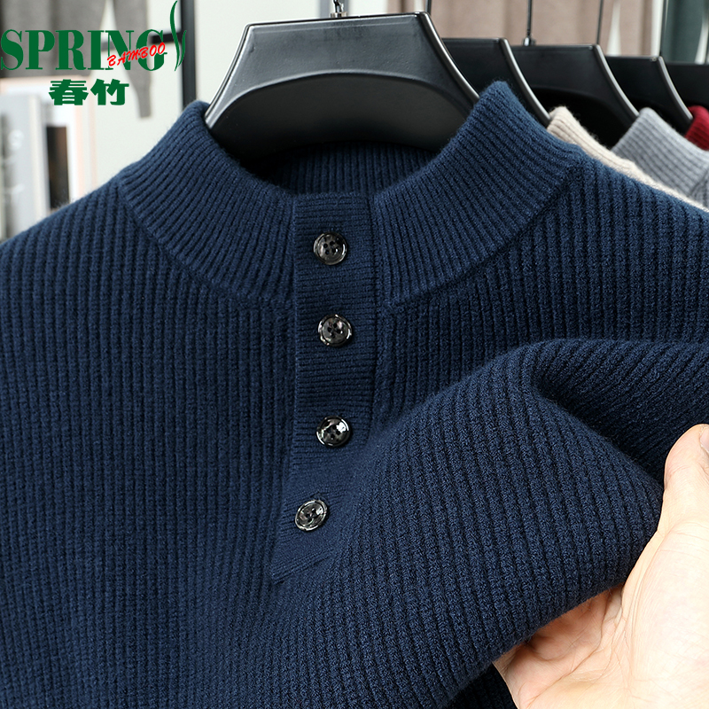 Chunzhu Men's 100% Wool Sweater Half-Turtleneck Button Knit Three-Strand Thickened Cashmere Warm Sweater Loose Winter Style