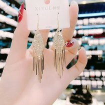 Advanced sense luxury geometric tassel earrings female long face thin earrings Korean temperament full diamond Net red ear jewelry
