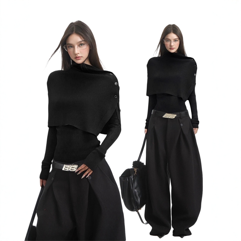 Iamxiaa Black Cape Knit Sweater, Two-Piece Detachable Shawl, Slim-Fit Base Shirt, Inner Layer Top