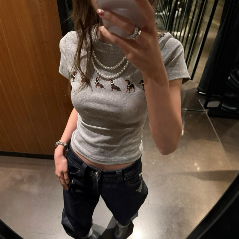 Jennie Kim's Same Style Dachshund Print Slim Fit Hot Girl Regular Shoulder Short Round Neck Short Sleeve T-Shirt Top for Women
