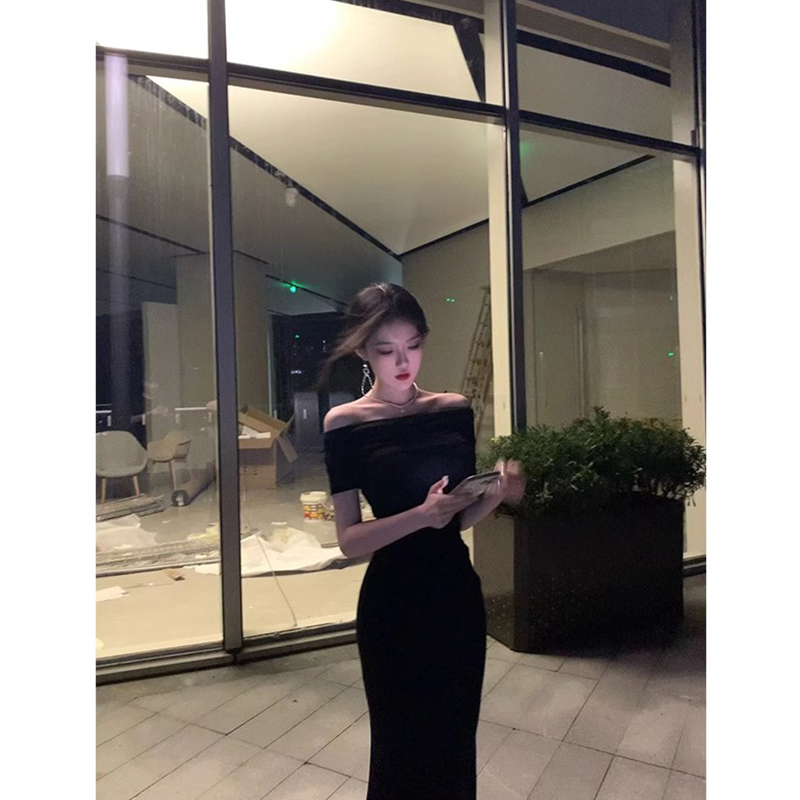 French-Style High-End Birthday Party Dress, High-End Light Luxury Niche Chanel-Style Black Off-Shoulder Dress for Summer French-Style High-End Birthday Party Dress, High-End Light Luxury Niche Chanel-Style Black Off-Shoulder Dress for Summer