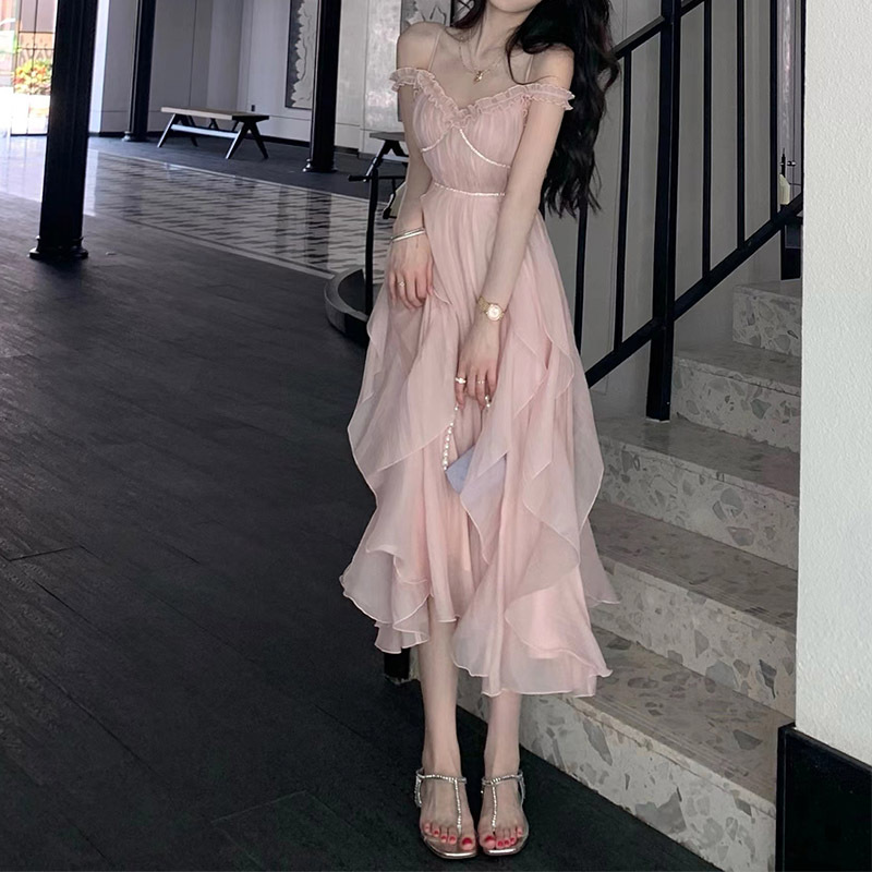 Super Fairy-Like Sweet Princess Birthday Party Dress, Light Luxury Niche High-End Stunning Pink Spaghetti Strap Dress