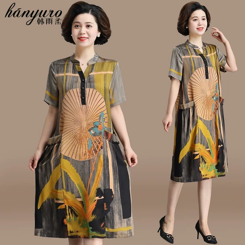 Платье для матери, летняя летняя одежда, юбка, в западном стиле, для среднего возраста, большой размер, из хлопка и льна