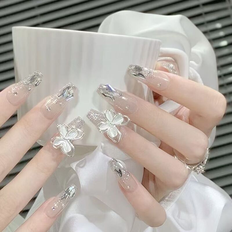 Wearable Nails New Nail Tips Removable Nail Art Stickers High-End Medium-Length Nail Stickers with Sparkling Rhinestones for a Whitening French Style