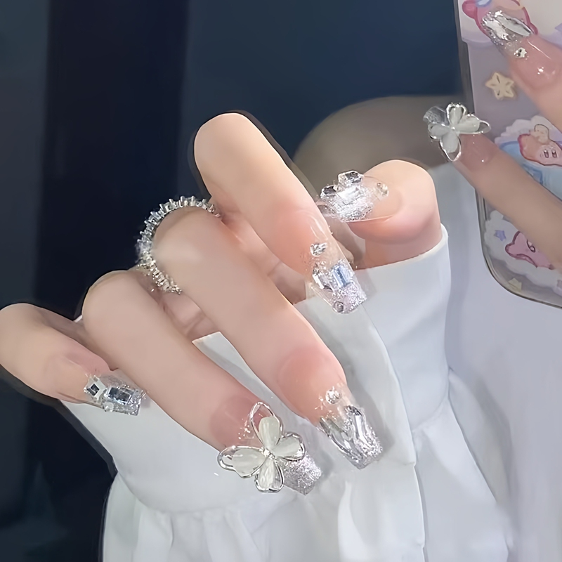 Super Fairy-Like Wearable Nails with Large Butterfly and Sparkling Diamond Design, Medium-Length Nail Patches, Finished Product ins High-End Detachable New Style