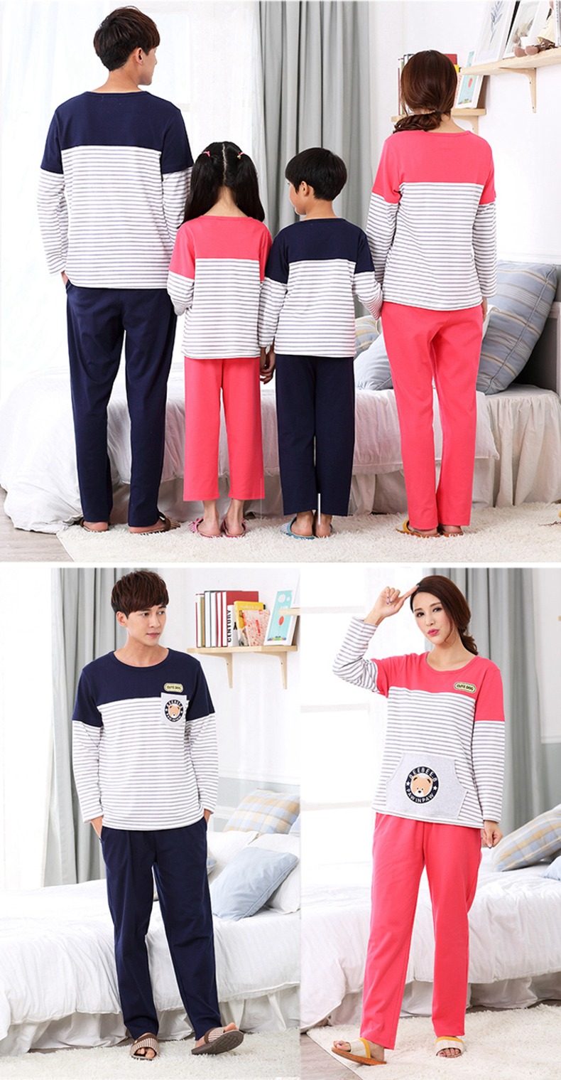 Bộ đồ ngủ gia đình dài tay dành cho gia đình của Mokatu ba mùa thu và mùa đông cotton phù hợp với gia đình bộ đồ ngủ dài thu đông 