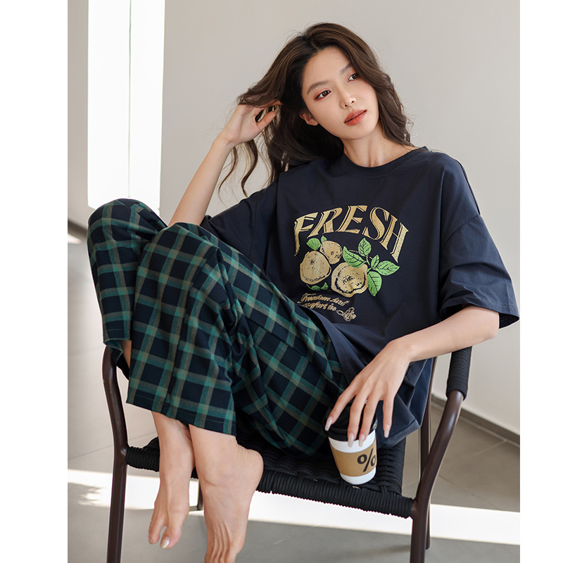 Meiteng Cool Pajamas for Women, Summer Soft Cotton Short-Sleeved Loose Home Clothes, Antibacterial Casual Thin Style That Can Be Worn Outside, Set