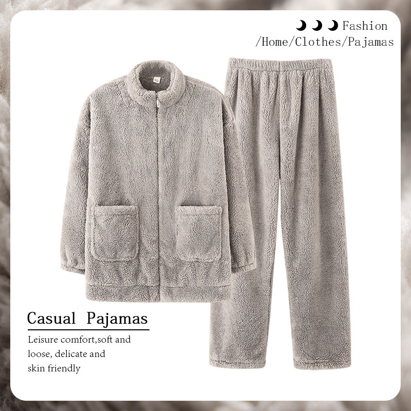 Muji Japanese Quality Coral Velvet Men's Two-Piece Set Thickeneded Flannel Warm Pajamas for Young and Middle-Aged People Winter Set