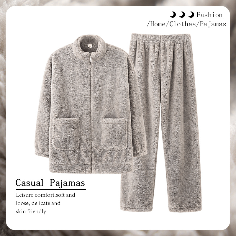 Muji Japanese Quality Coral Velvet Men's Two-Piece Set Thickeneded Flannel Warm Pajamas for Young and Middle-Aged People Winter Set