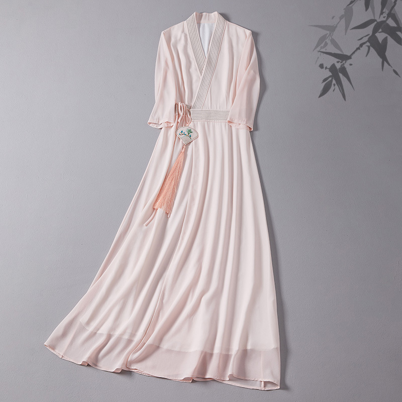Spring and Summer New Chinoiserie Cross-Collar Chinese Elements Improved Han Dynasty Pearl Gauze Dress Zen Tea Art Clothes for Women