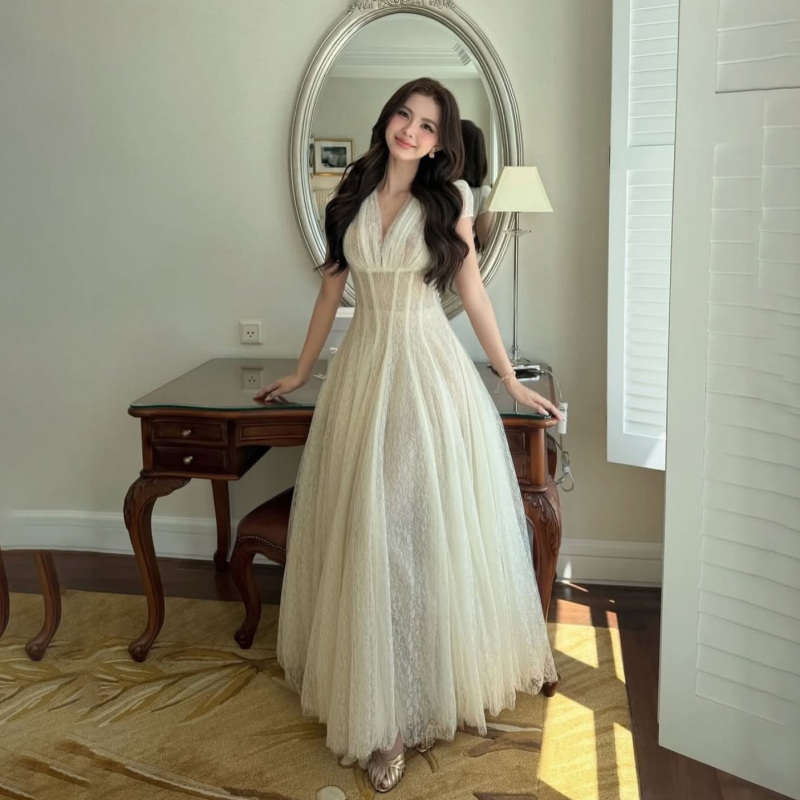 Spicy Ethereal Sheer Mesh Long Dress with Deep V-Neck, High Waist, Slimming Effect, Forest Style, Seaside Vacation Vibe Dress Spicy Ethereal Sheer Mesh Long Dress with Deep V-Neck, High Waist, Slimming Effect, Forest Style, Seaside Vacation Vibe Dress