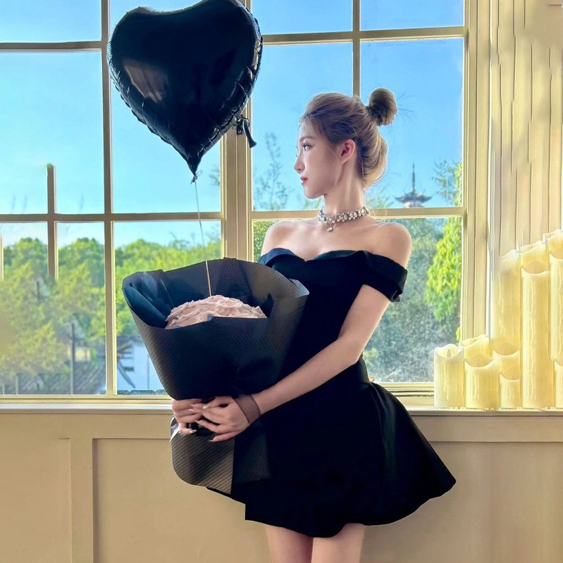 Spicy French-Style Off-The-Shoulder Black Dress Banquet Birthday Party Dress Socialite Daughter Tube Top Dress Spicy French-Style Off-The-Shoulder Black Dress Banquet Birthday Party Dress Socialite Daughter Tube Top Dress