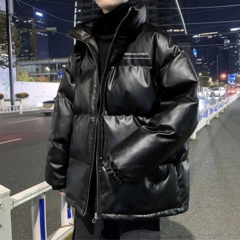 Winter Pu Leather down Jacket for Men, New Thickened Warm Stand-Up Collar Hong Kong Style Casual No-Wash Leather Jacket Cotton Coat