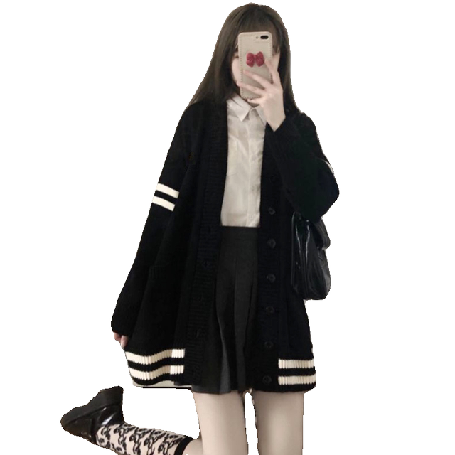 Loose lazy knitted cardigan baseball jersey sweater jacket