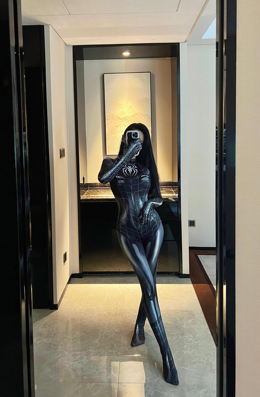 Douyin Women's Spider-Man Bodysuit Cos Same Style Cross-Dressing Black Clothing One-Piece Suit Autumn and Winter Base Layer
