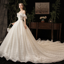 One-shouldered main wedding dress bride 2021 new starry sky big tail super fairy light forest simple arm cover female