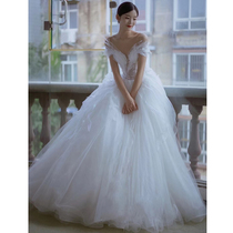 One-shouldered main wedding dress 202021 new temperament bride simple atmosphere trailing French light starry sky net red