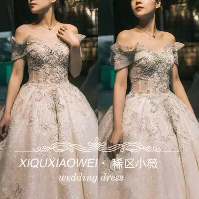 One shoulder main wedding dress 2021 new bridal forest Super fairy dream starry sky big tail European French female