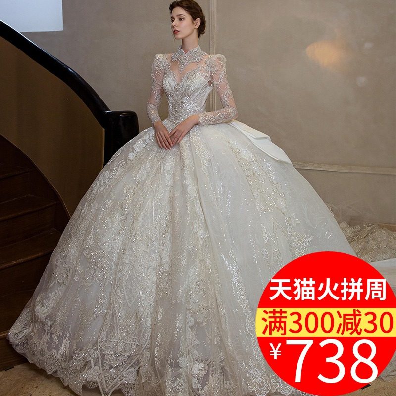 Long sleeve main wedding dress bride 2021 new big tailing female French retro heavy industry winter shoulder Court