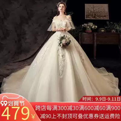 One-character shoulder main wedding dress bride 2021 New Moren Super fairy dream simple suspender sling tail mother Spring