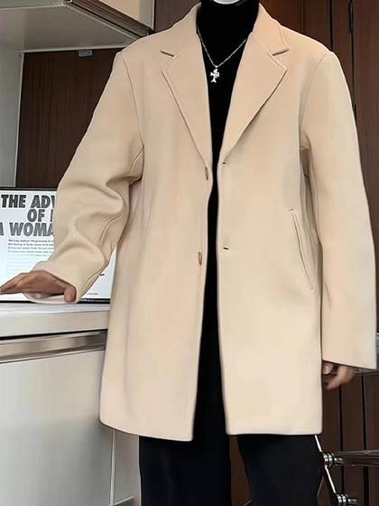 毛呢大衣男士秋冬加厚西装领百搭妮子外套潮流情侣中长款休闲风衣