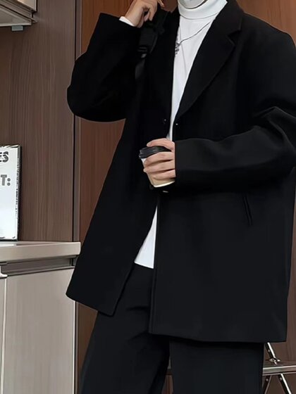 毛呢大衣男士秋冬加厚西装领百搭妮子外套潮流情侣中长款休闲风衣