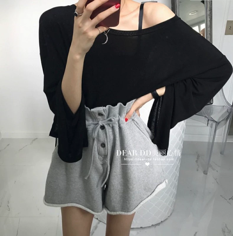 Ins siêu lửa eo cao lỏng lẻo cao rộng chân quần quần short phụ nữ dây rút thể thao quần giản dị mùa hè thủy triều - Quần short quần sooc bò nữ