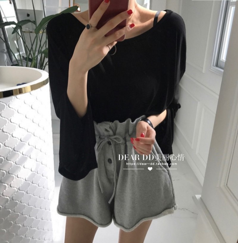Ins siêu lửa eo cao lỏng lẻo cao rộng chân quần quần short phụ nữ dây rút thể thao quần giản dị mùa hè thủy triều - Quần short quần ngắn ống rộng