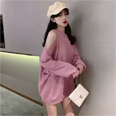 2021 early autumn round neck strapless sweater female spring and autumn thin bf lazy wind long version loose Korean tide ins