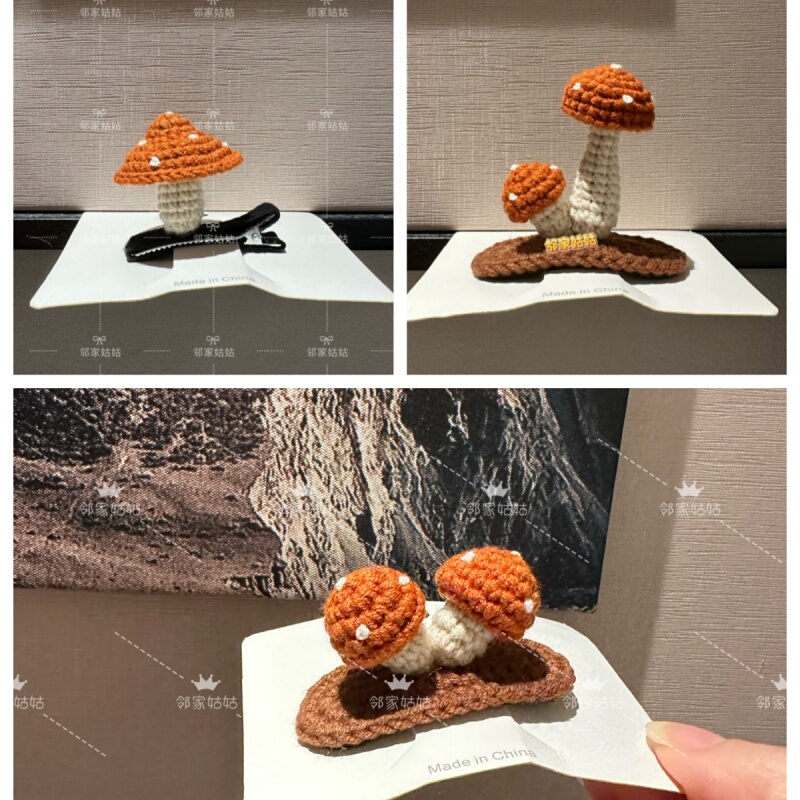 Original Handmade Knitted Cute and Sweet Girl-Style Internet Celebrity Children's 3D Mushroom Hair Clip in Autumn and Winter Colors