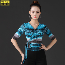 Adult Latin dance practice clothes womens new mid-sleeve printed ballroom dance straps modern tops national standard dance clothes