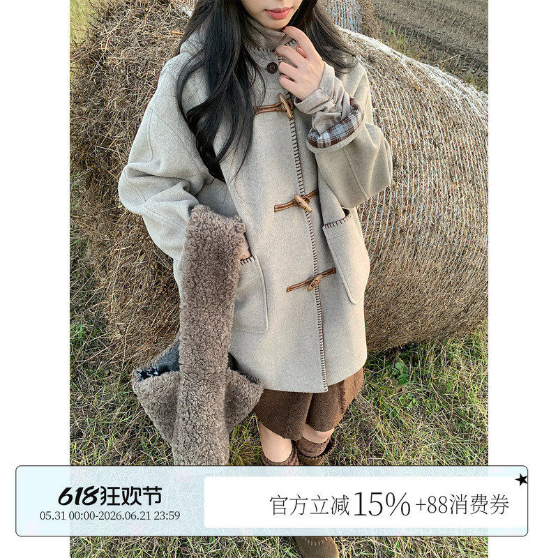 Hollyde Map Vintage Duffle Coat with Quilted Woolen Fabric for Women, Winter Shell Embroidery Plaid Patchwork Hooded Jacket