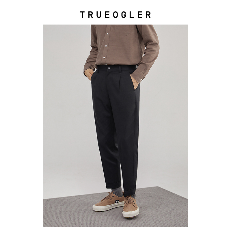 (Storage grid)Rolled edge single pleated small feet pants men's Japanese casual suit pants spring men's drop-feeling long pants