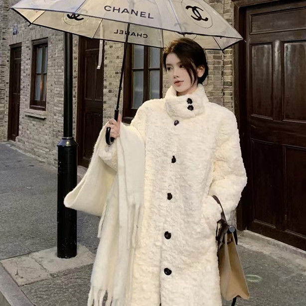 High-End White Lamb Wool Fur Integrated Coat for Women, Autumn and Winter, Mid-Length, Eco-Friendly Faux Fur Coat with a Premium Feel
