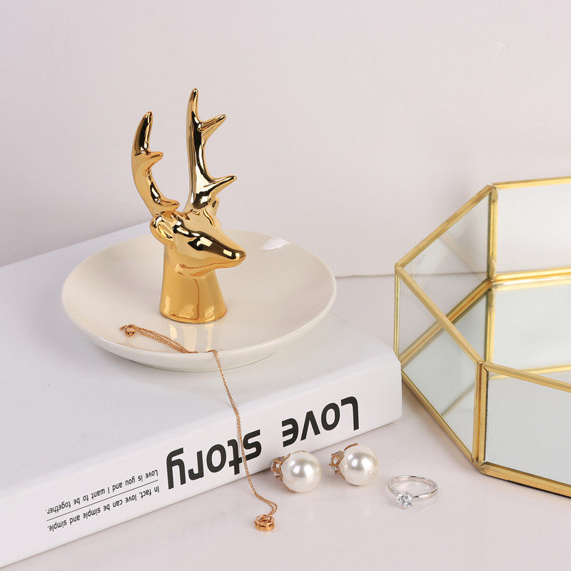 Nordic wind ceramic jewelry display tray gold deer head collection disc shoot props bedroom trim
