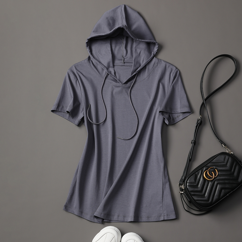 Pure Cotton Mercerized Cotton Hooded Short-Sleeved T-Shirt for Women 2026 Summer New Style Gray Slim Fit Right Shoulder Base Hoodie Top