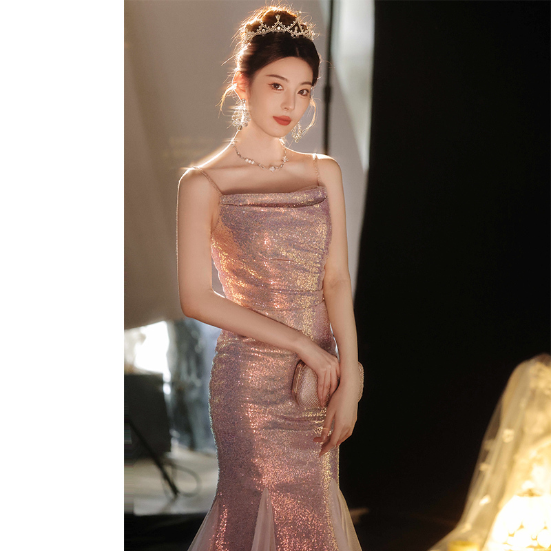 Pink Evening Dress for Women 2026 New Style Host Mermaid Sequin Elegant High-End Light Luxury Niche Engagement Strap Dress