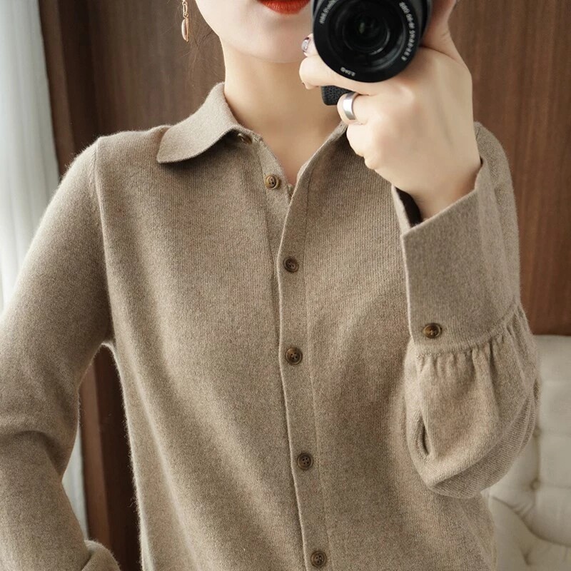 DonLevia ~ autumn and winter new wool cardigan jacket women polo collar shirt thin sweater simple style show temperament