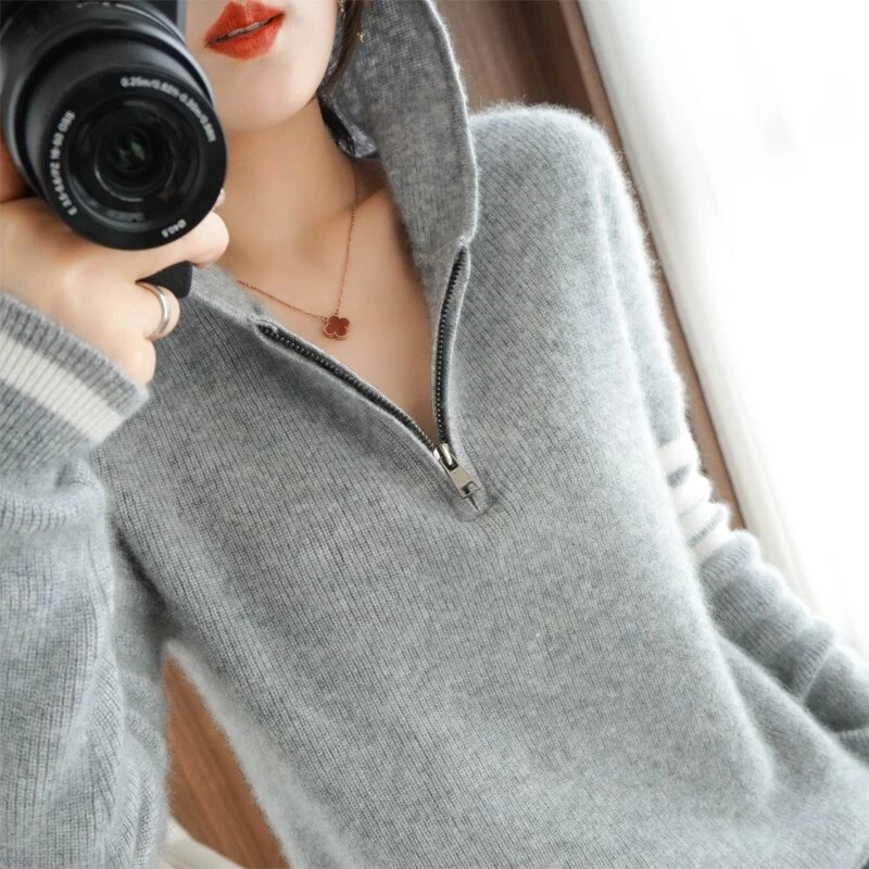 DonLevia~ wool hooded sweatshirt women's autumn and winter new half zipper pullover sweater casual lazy style