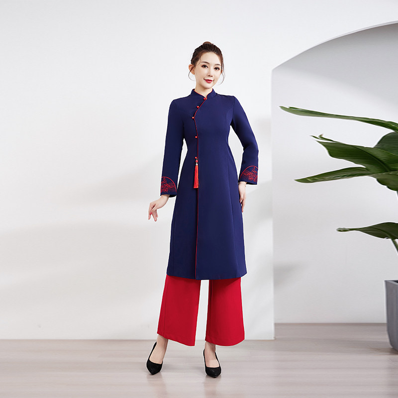 Tang Young Spring and Summer New Chinese Foot Bath Workplace Female Health Club Front Desk Consulting Guests Service Long Dress Set