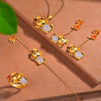 S925 silver plated 18k gold inlaid hetian white jade tiger hanfu accessories retro suit pendant ring earrings bracelet