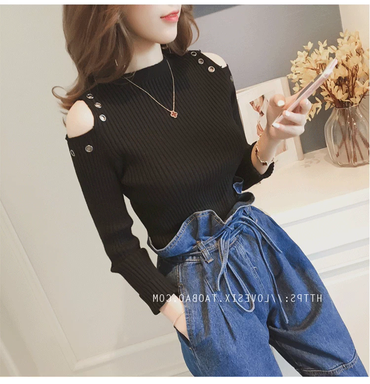 Áo len dệt kim nữ dài tay mùa thu 2018 Áo len mới Joker Thin phần Heartless Shoulder Fall bottom Leaking Shoulder Tops Women ao len nu