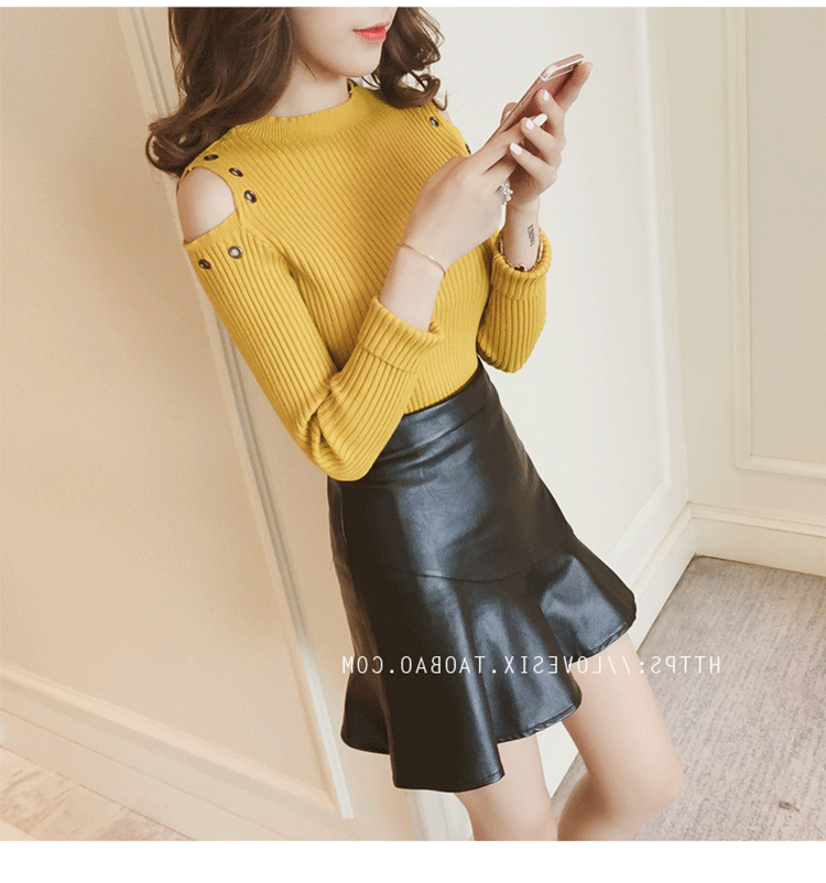 Áo len dệt kim nữ dài tay mùa thu 2018 Áo len mới Joker Thin phần Heartless Shoulder Fall bottom Leaking Shoulder Tops Women thời trang nữ cao cấp